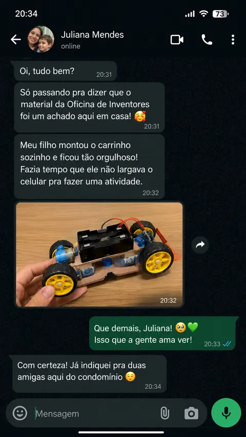Mensagem de cliente sobre projeto montado em casa