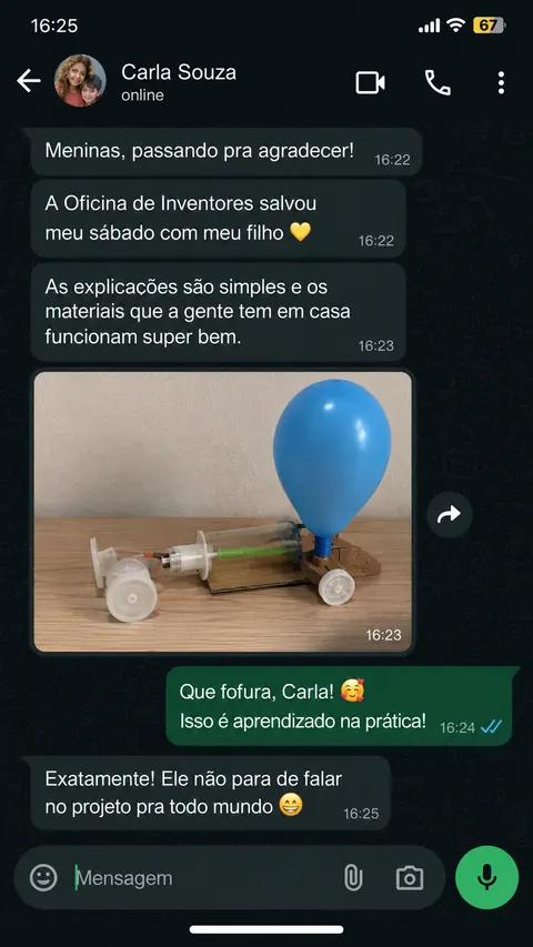 Mensagem de cliente sobre atividade em família