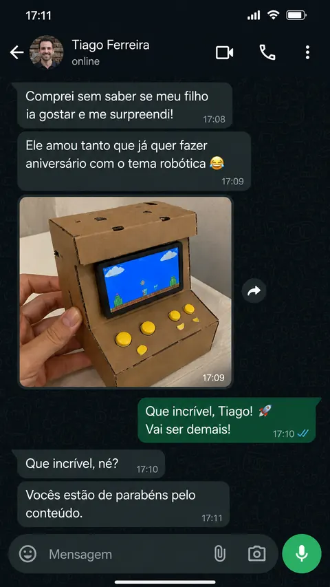 Mensagem de cliente sobre experiência com o material